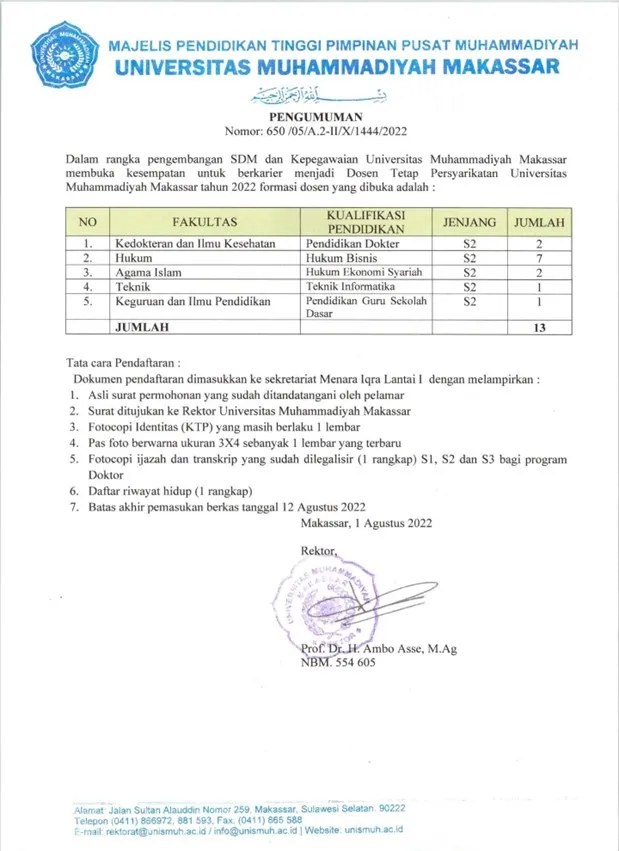 Unismuh Buka Formasi 13 Dosen Tetap Persyarikatan